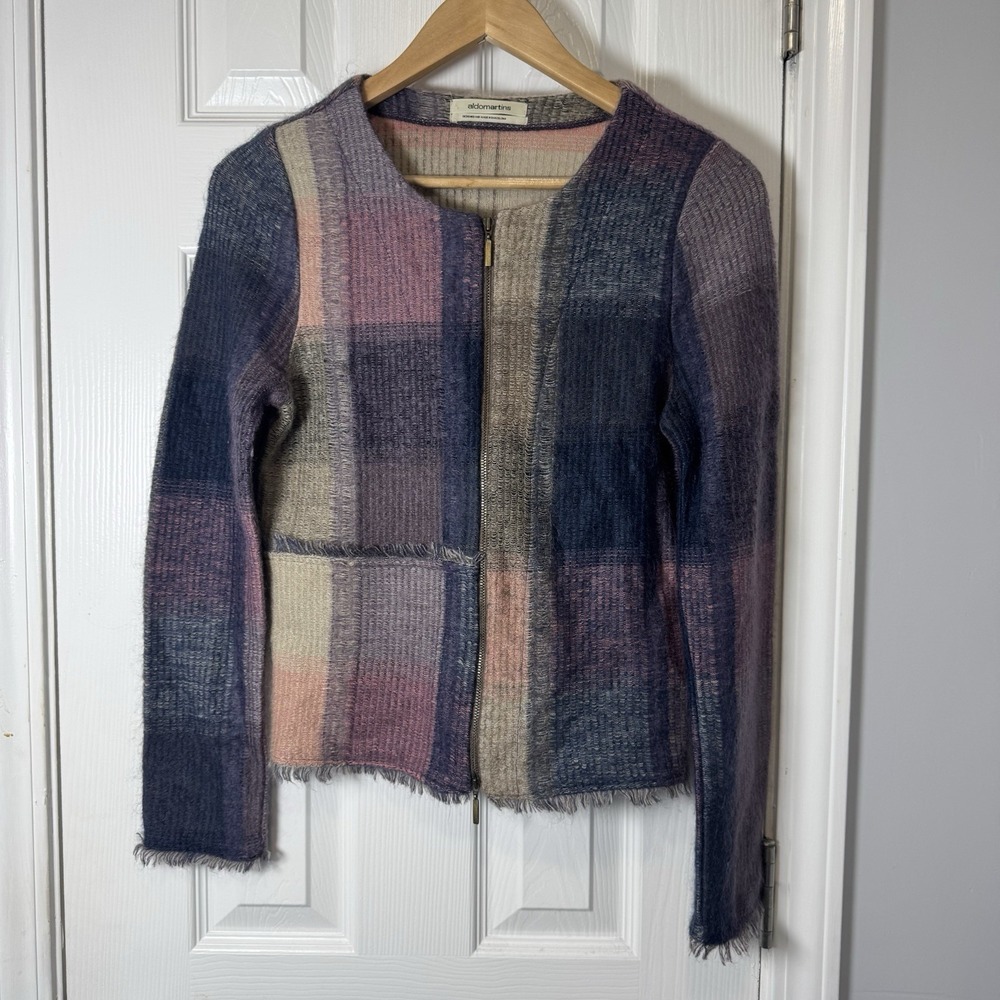 Anthropologie Aldomartins Cardigan Sweater Size 4 Patchwork Fringed Zip Wool